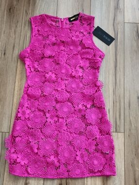 NWT Fashion Nova Bright Pink Floral Lace Appliques Mini Dress Women's Size Small